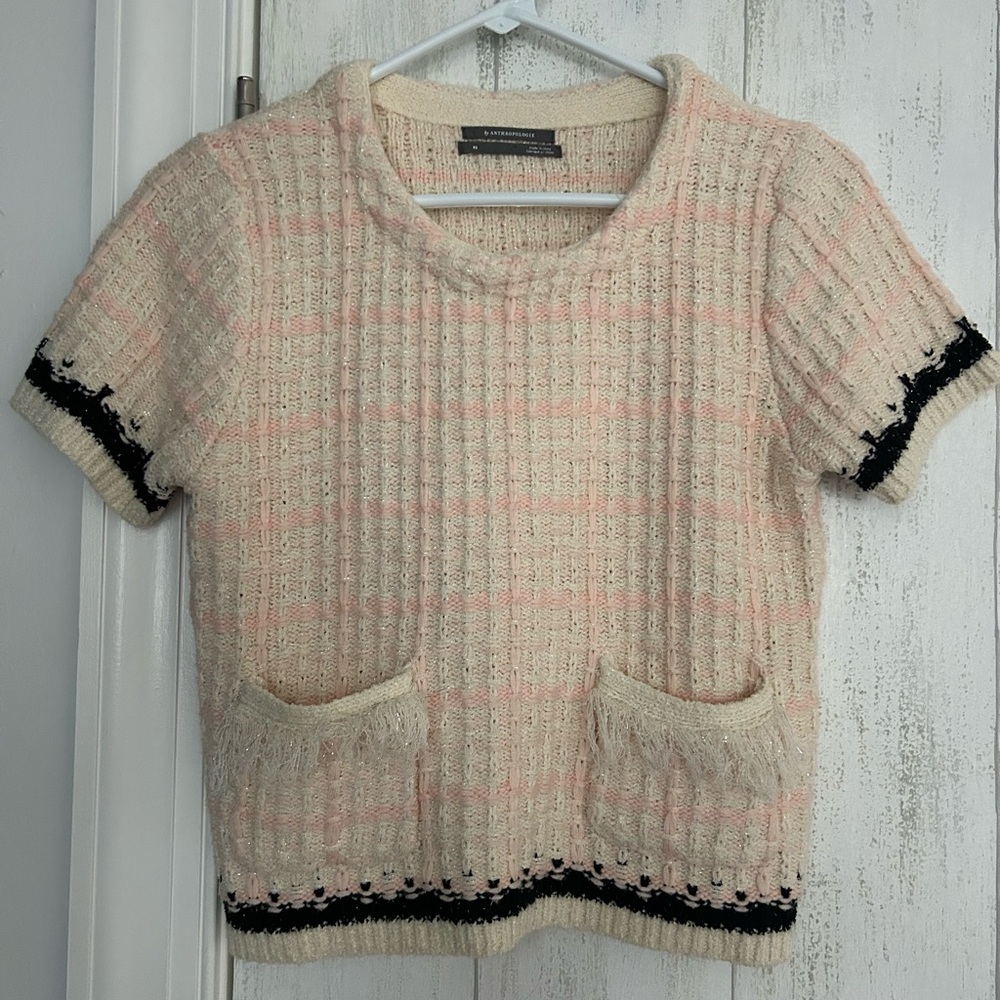 Anthropologie Tweed Cream and Pink Short Sleeve Sweater